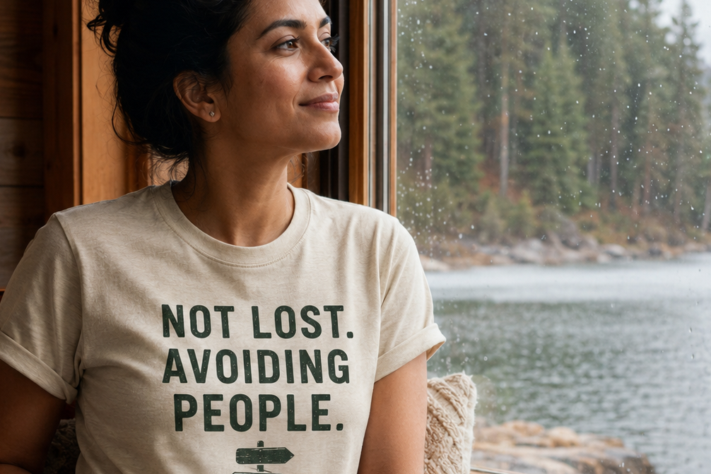 Woman sitting by a window with a scenic view, wearing a t-shirt with text, holding a mug.