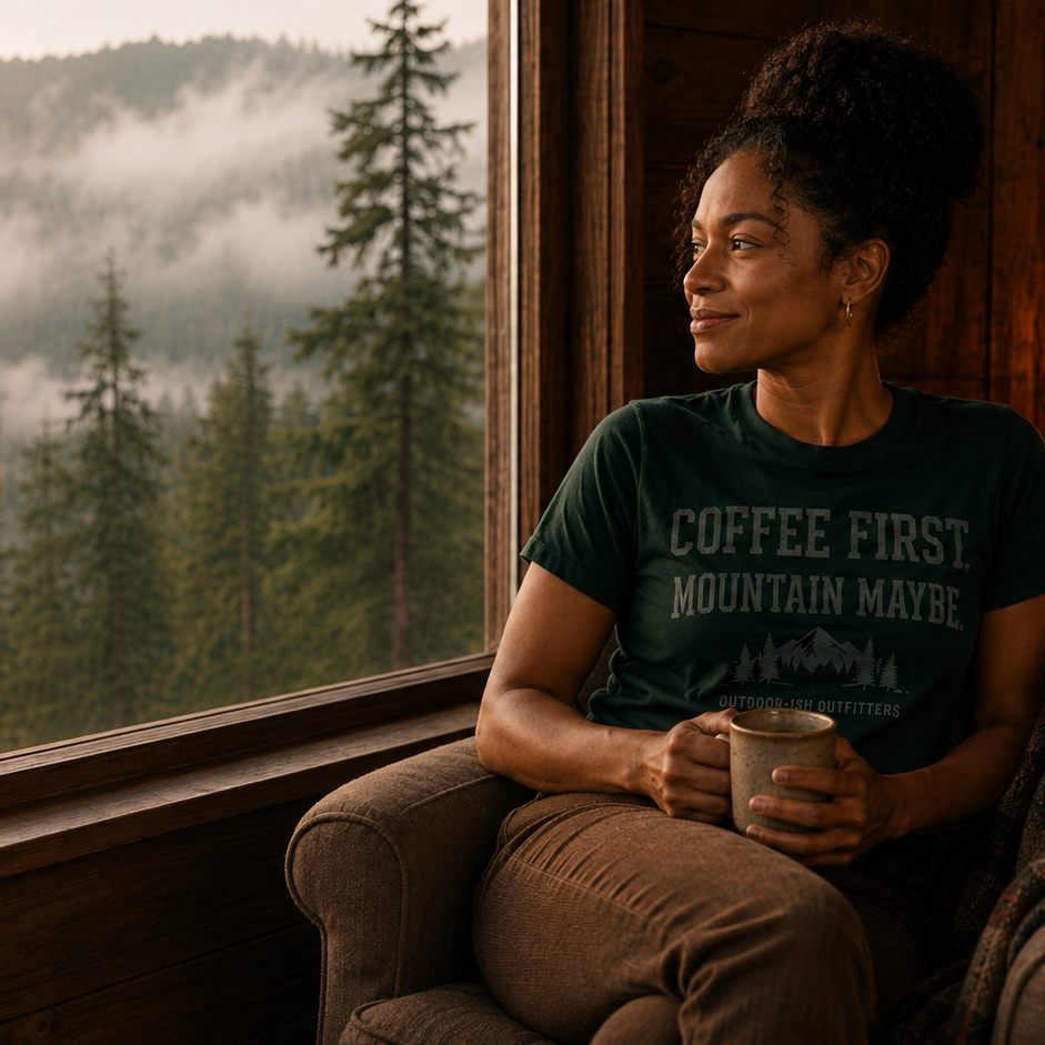 Person sitting by a window with a scenic view of trees and mountains, holding a mug.